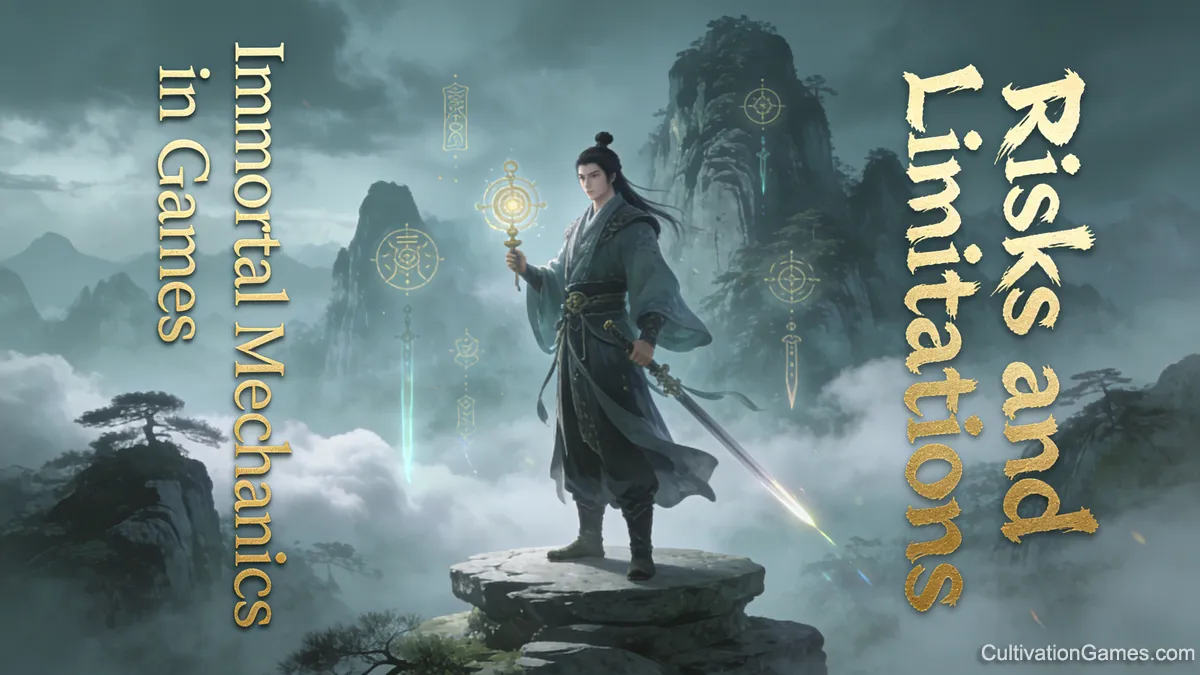 A vertical banner explaining "Risks and Limitations of Immortal Mechanics in Games," featuring a powerful cultivator standing on a mountain peak with a glowing artifact, illustrating high-level gameplay balance and challenges.