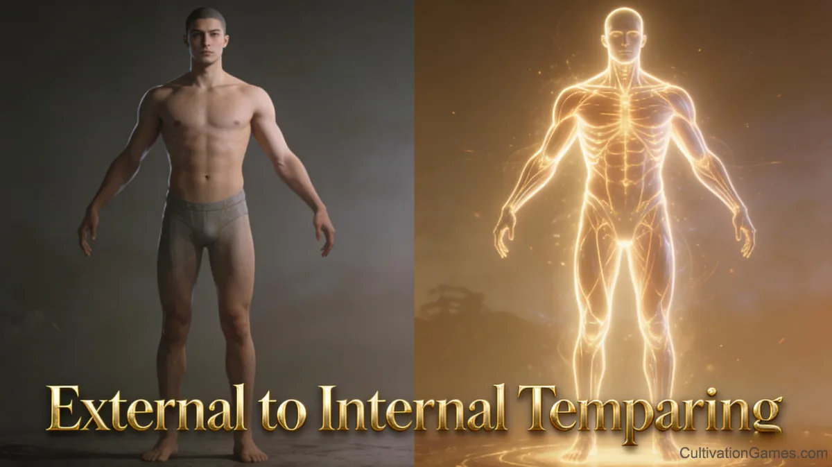 Illustration of a cultivator undergoing external body tempering before transitioning into internal cultivation, with visible energy flowing around the body to depict the beginning stages of Body Refinement.