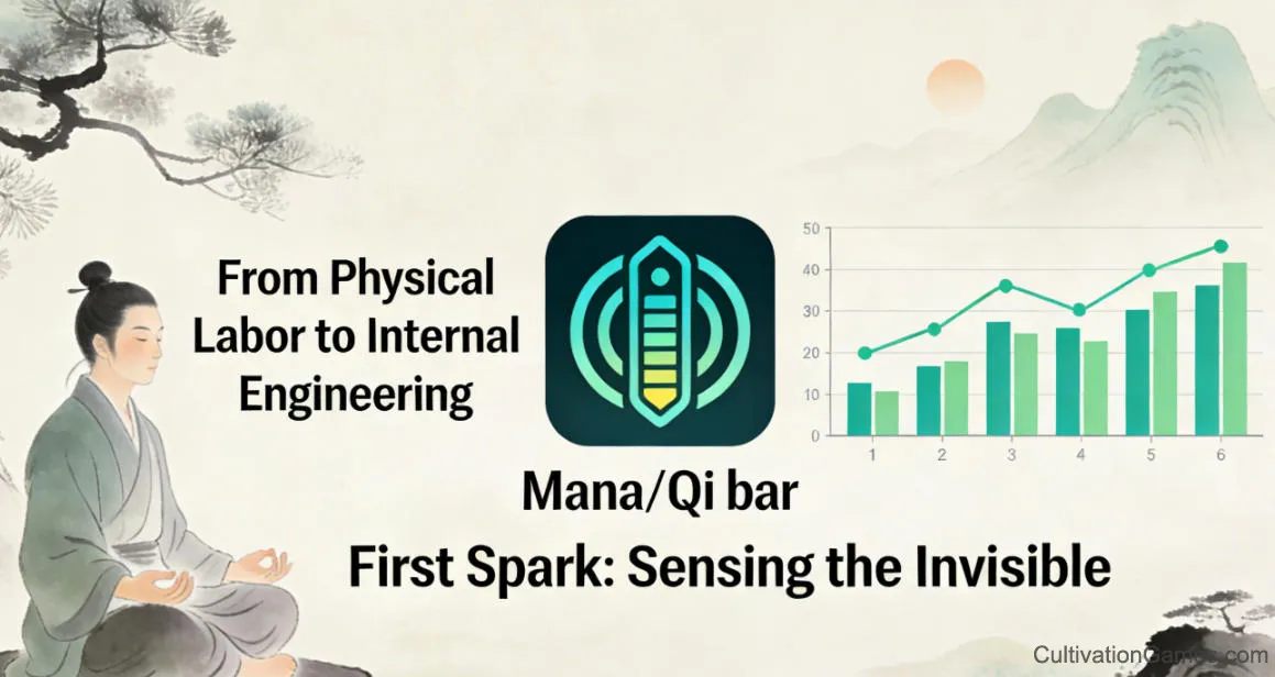 This image visually represents the shift from physical labor to internal engineering, a key theme in Qi Condensation. The graph in the top left shows progress in the cultivator’s mana/qi bar as they begin sensing and mastering their internal energy.