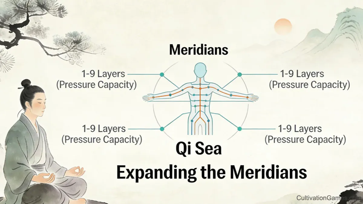The image illustrates the moment when a cultivator begins sensing the invisible Qi or Mana within, a crucial first step in their cultivation journey. The chart reflects the slow but steady progress in sensing and controlling their energy.