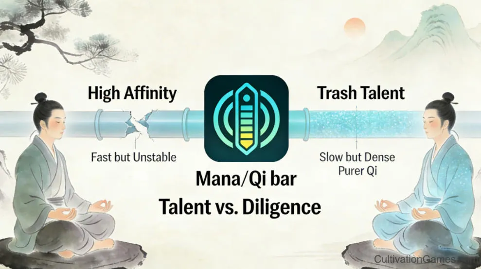 This image depicts the crucial milestone in Qi Condensation where the cultivator's Qi is compressed from a mist into a liquid. This intense process is often fraught with risks, as failure leads to crippled cultivation.