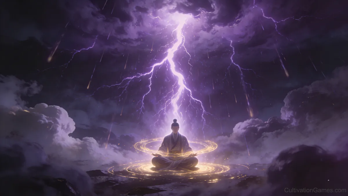A lone cultivator meditating in the center of a glowing golden seal under a dark, stormy sky as a massive purple lightning bolt strikes down directly from the swirling clouds.