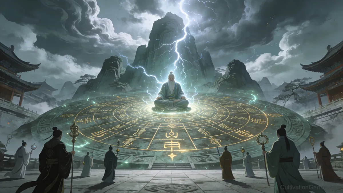 A high-altitude view of a vast, ancient ritual platform where a cultivator sits in deep meditation, surrounded by observers as colossal bolts of blue and white lightning strike a jagged mountain peak in the background.