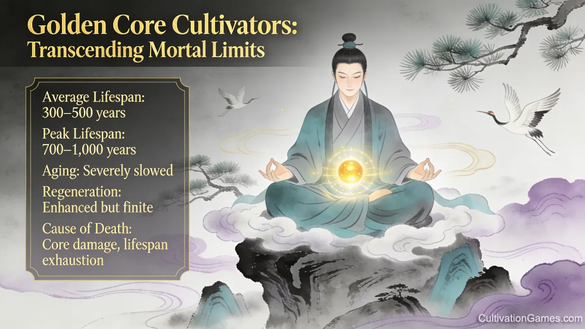 An infographic titled "Golden Core Cultivators: Transcending Mortal Limits" featuring a seated cultivator and listing stats such as an average lifespan of 300–500 years and peak lifespan of 1,000 years.