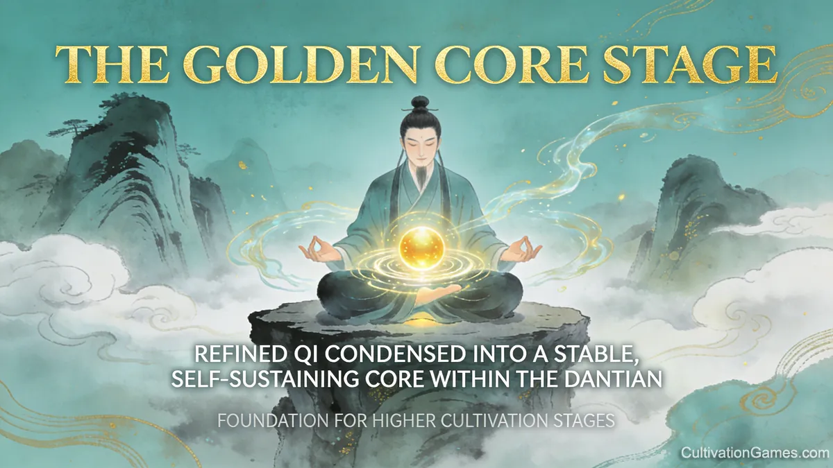 A visual summary of the Golden Core Stage showing refined Qi condensed into a self-sustaining core within the Dantian, serving as the foundation for higher cultivation stages.