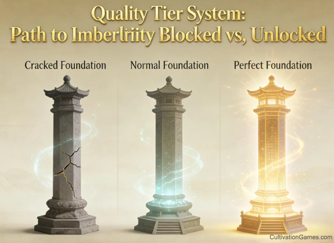 This image visually represents the different foundations—Cracked Foundation, Normal Foundation, and Perfect Foundation—showing the disparity in strength and future potential for each tier in cultivation.