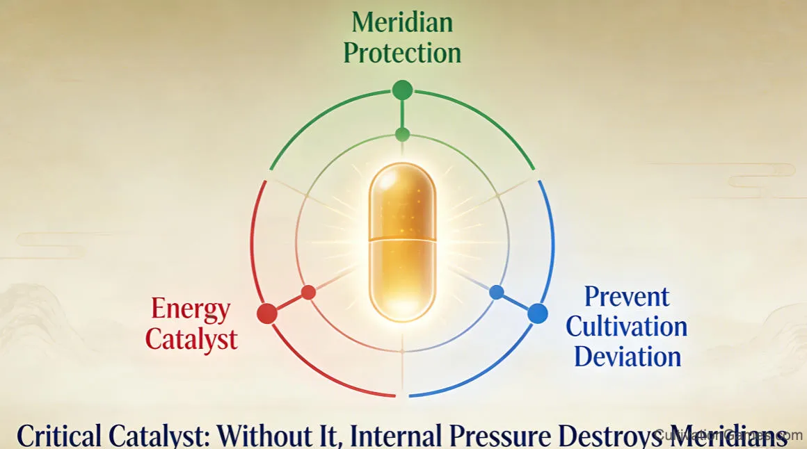 This image depicts the importance of meridian protection during the Foundation Establishment stage, with a focus on preventing cultivation deviation and protecting the internal channels from destruction.