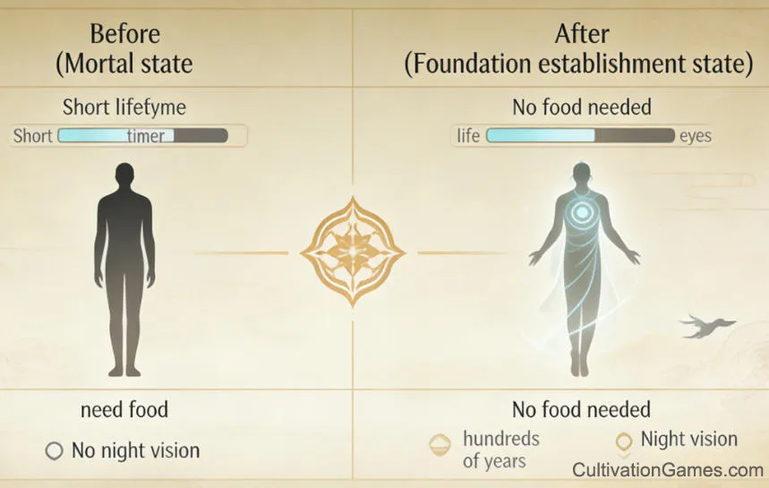 This image contrasts the Mortal State with the enhanced abilities that come after Foundation Establishment, such as extended lifespan, the ability to see in the dark, and the lack of need for mundane food.