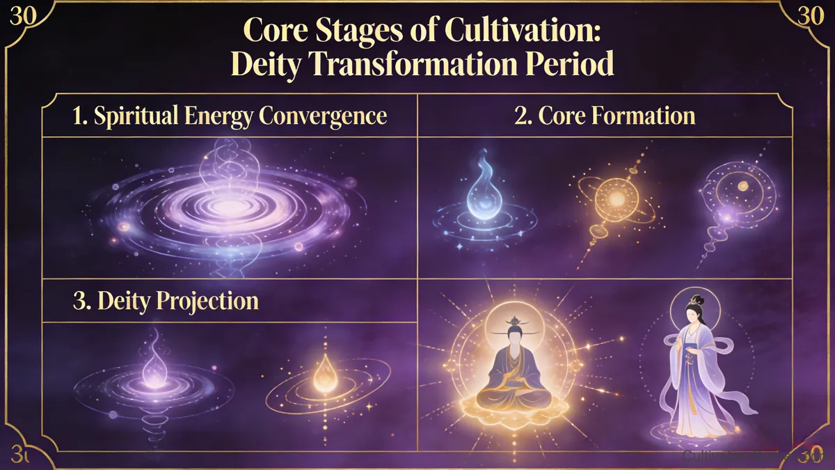 Mortal Transformation Process showing the cultivator's shift from cultivation to human experience.